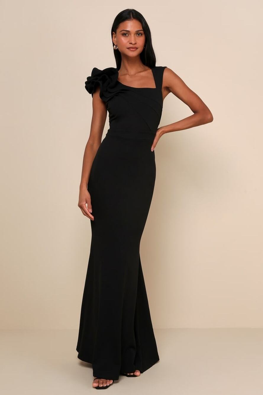 NWT Lulus Lucette Black Sleeveless Ruffled Mermaid Maxi Dress Gala Banquet Sz L
